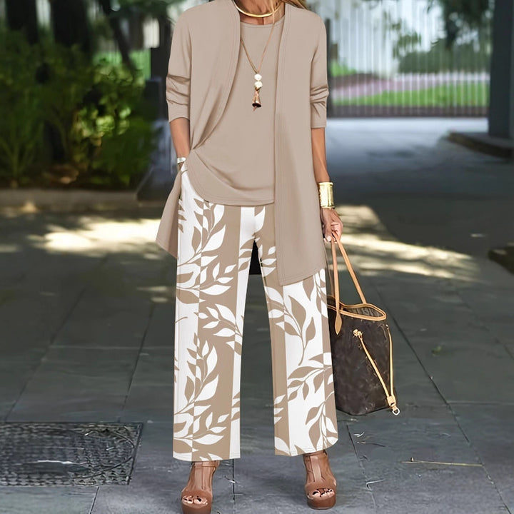 Damen Zweiteiler Offener Longcardigan mit Langarm und Palazzo‑Hose mit Blattprint – Élanora