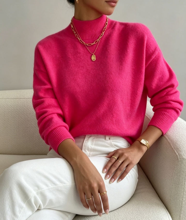 Damen kuscheliger Feinstrickpullover mit Stehkragen und überschnittener Schulter – Mavelle