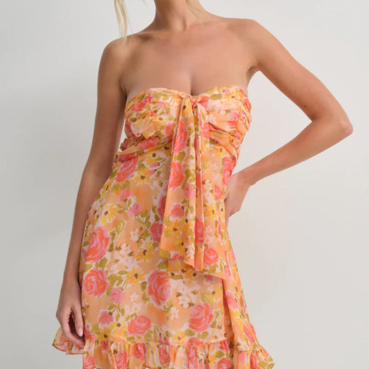 Damen nan trägerloses Chiffon-Sommerkleid mit Blumenmuster Bandeau-Oberteil und Volantbesatz Echo Archiv