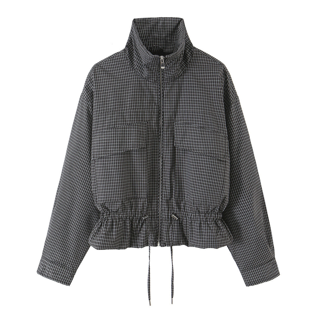 Damen Kurzjacke im karierten Utility-Bomber mit hohem Stehkragen und Kordelzug-Taille Echoarchiv