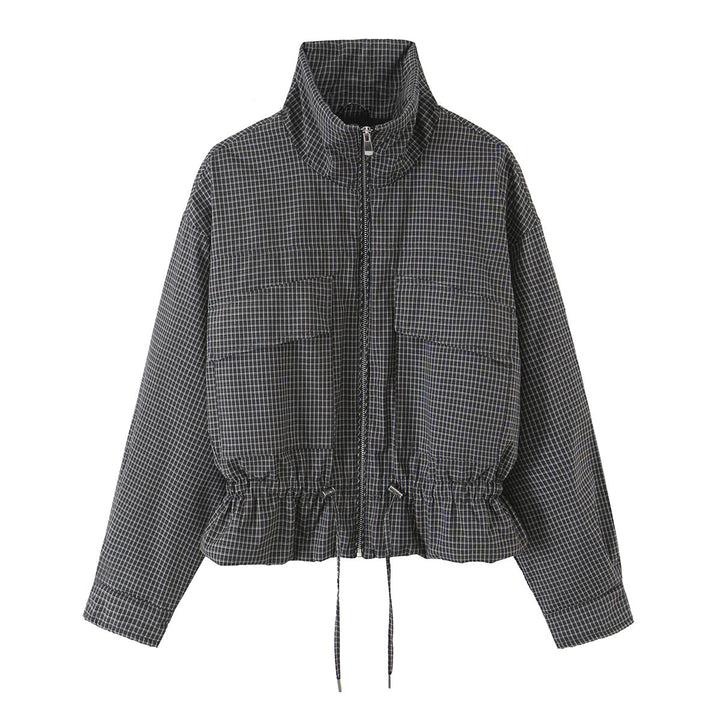 Damen Kurzjacke im karierten Utility-Bomber mit hohem Stehkragen und Kordelzug-Taille Echoarchiv