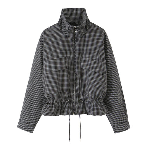Damen Kurzjacke im karierten Utility-Bomber mit hohem Stehkragen und Kordelzug-Taille Echoarchiv