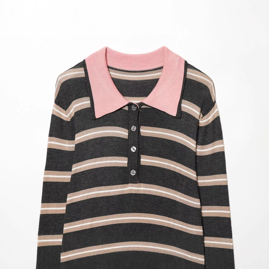 Damen taillierter Strick-Polo mit Kontrastkragen und durchgehender Knopfleiste – Mavelle