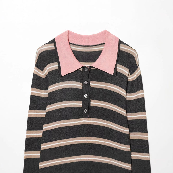 Damen taillierter Strick-Polo mit Kontrastkragen und durchgehender Knopfleiste – Mavelle