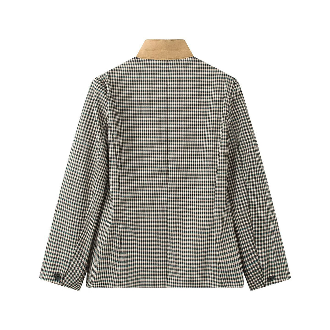 Damen Karierter Boxy‑Blazerjacke mit kontrastbesetztem Stehkragen und Pattentaschen Echo Archiv