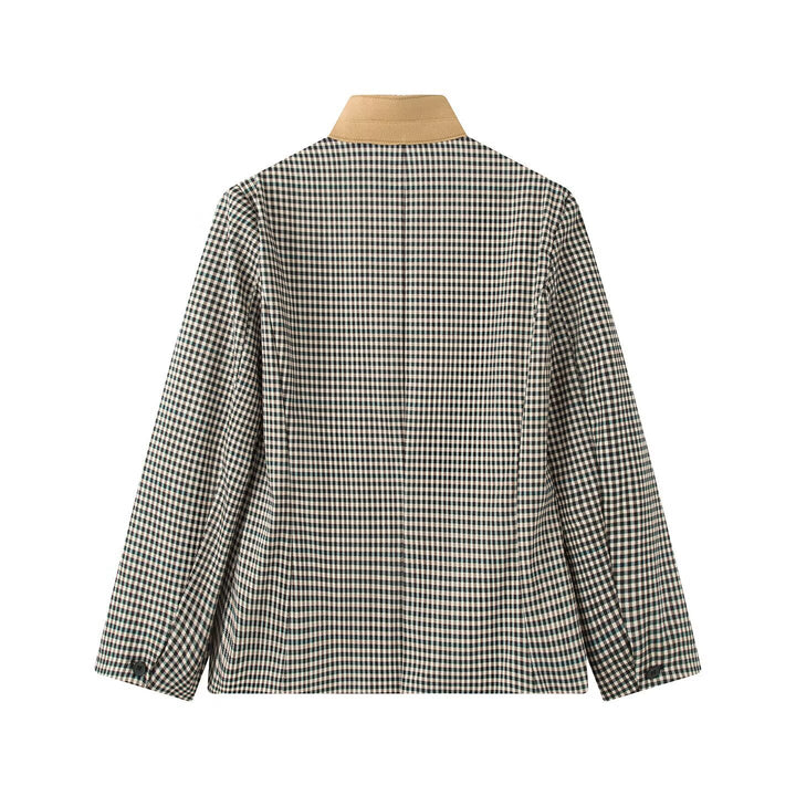 Damen Karierter Boxy‑Blazerjacke mit kontrastbesetztem Stehkragen und Pattentaschen Echo Archiv