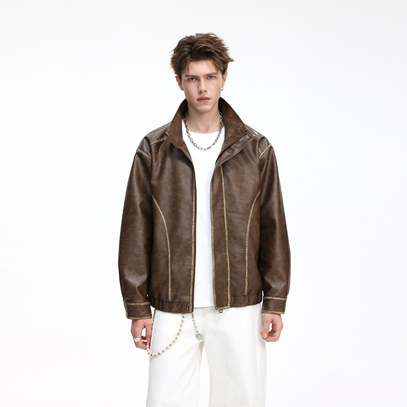 Herren Lederoptik-Blouson mit Stehkragen, Reißverschluss und Ziernähten Echo Archiv