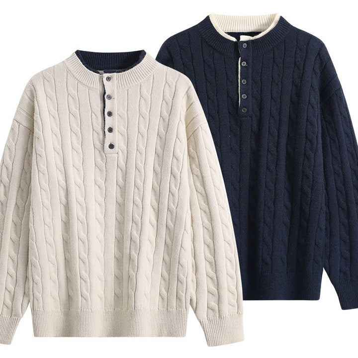 Unisex Oversize Zopfstrick-Henley-Pullover mit Knopfleiste und geripptem Saum Echoarchiv