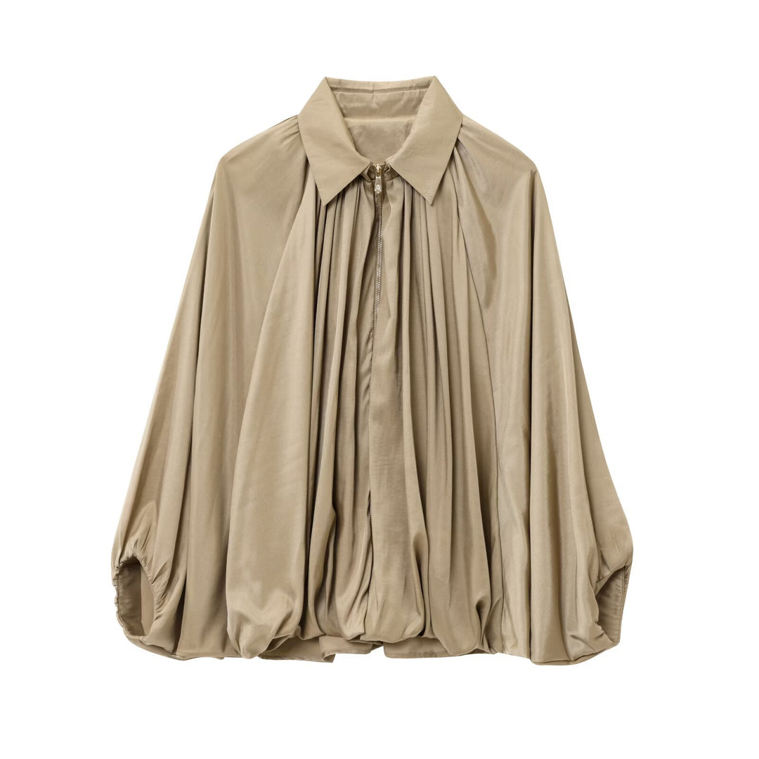 Damen weit geschnittene Cape-Bluse mit durchgehendem Reißverschluss, balloniertem Saum und gerafften Ärmeln – Élovi