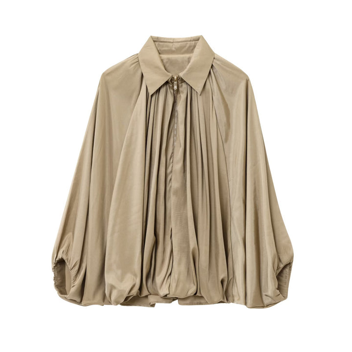 Damen weit geschnittene Cape-Bluse mit durchgehendem Reißverschluss, balloniertem Saum und gerafften Ärmeln – Élovi
