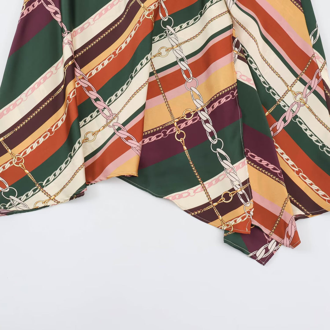 Damen Asymmetrischer Midirock mit Ketten‑Print und fließender Satin‑Optik Echoarchiv