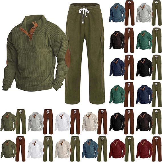 Herren nan strukturiertes Feinstrick-Halbknopf-Pullover und Feincord-Cargo-Zweiteiler Echo Archiv