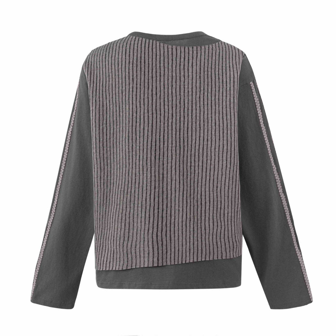 Damen Lässiges Sweatshirt mit gestreiftem Overlay, Ziernähten und Rosenprint Echoarchiv