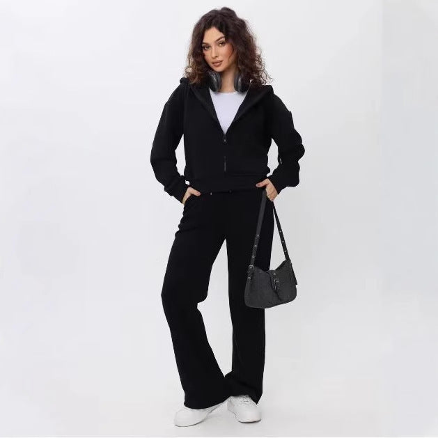 Damen zweiteiliges Cozy-Loungewear-Set mit Reißverschlusskapuze, taillenhoher Weitbein-Jogger und verdeckten Eingrifftaschen – Auréline