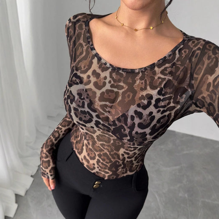 Damen nan eng anliegendes semitransparentes Meshshirt mit Leopardenmuster und Rundhalsausschnitt Echo Archiv