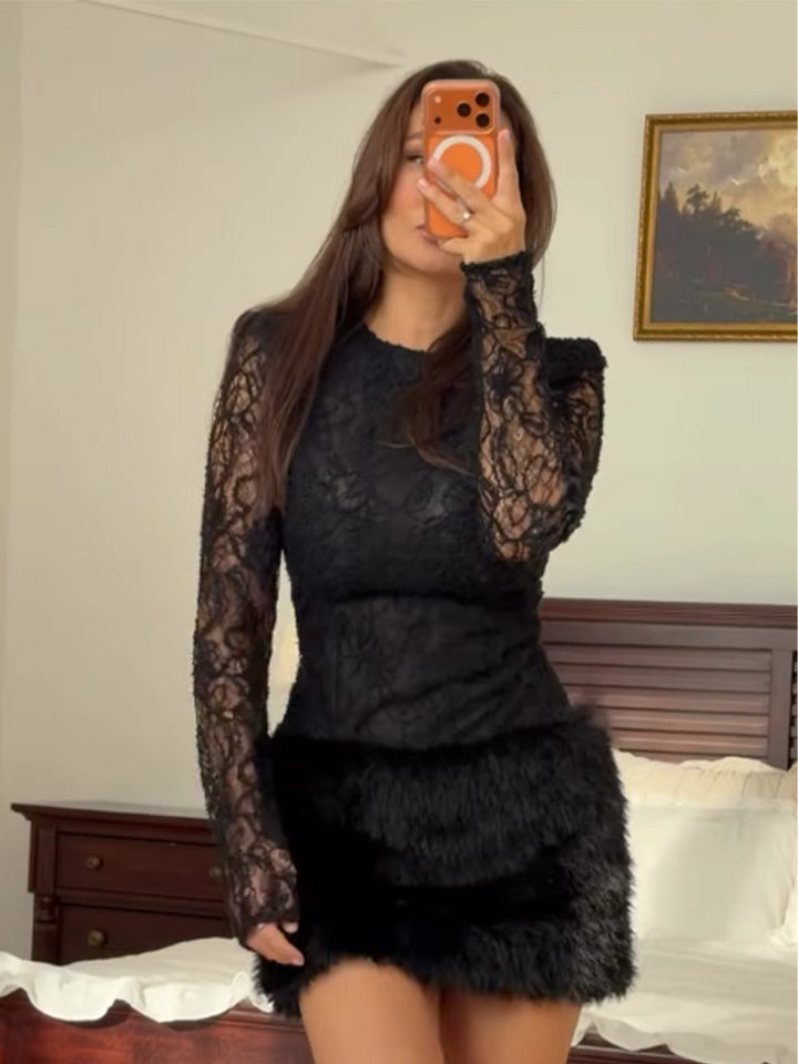 Damen Transparenter Spitzenbody mit langem Arm und Plüsch-Minikleid-Set Echoarchiv