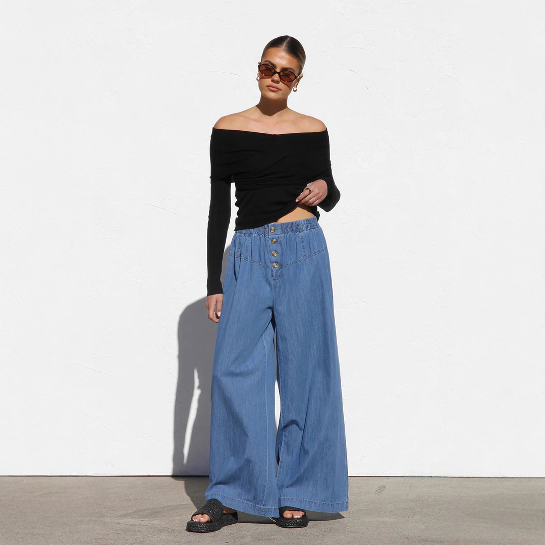 Damen nan weite Highwaist-Jeanshose mit elastischem Bund und dekorativer Knopfleiste Echo Archiv