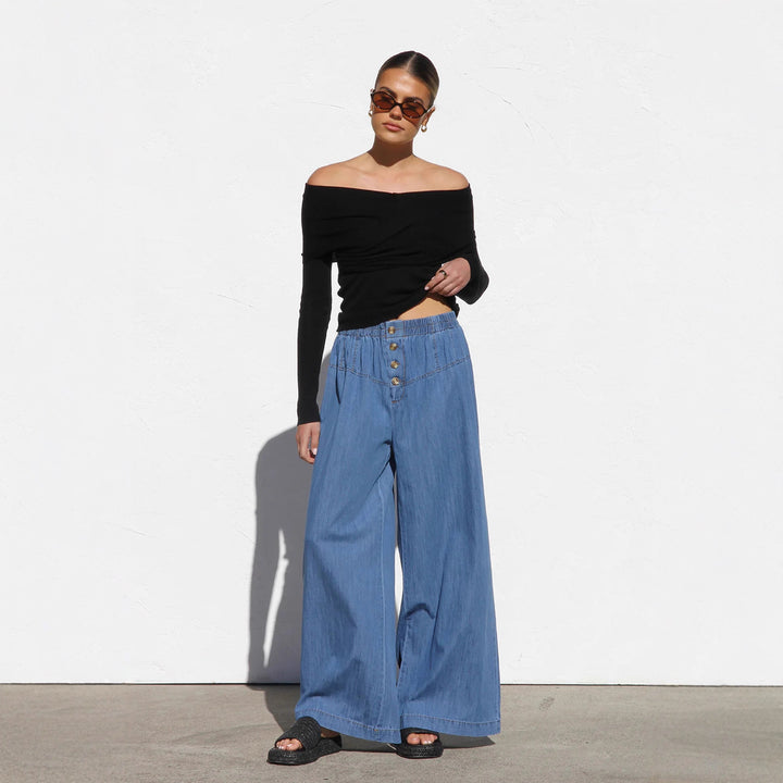 Damen nan weite Highwaist-Jeanshose mit elastischem Bund und dekorativer Knopfleiste Echo Archiv