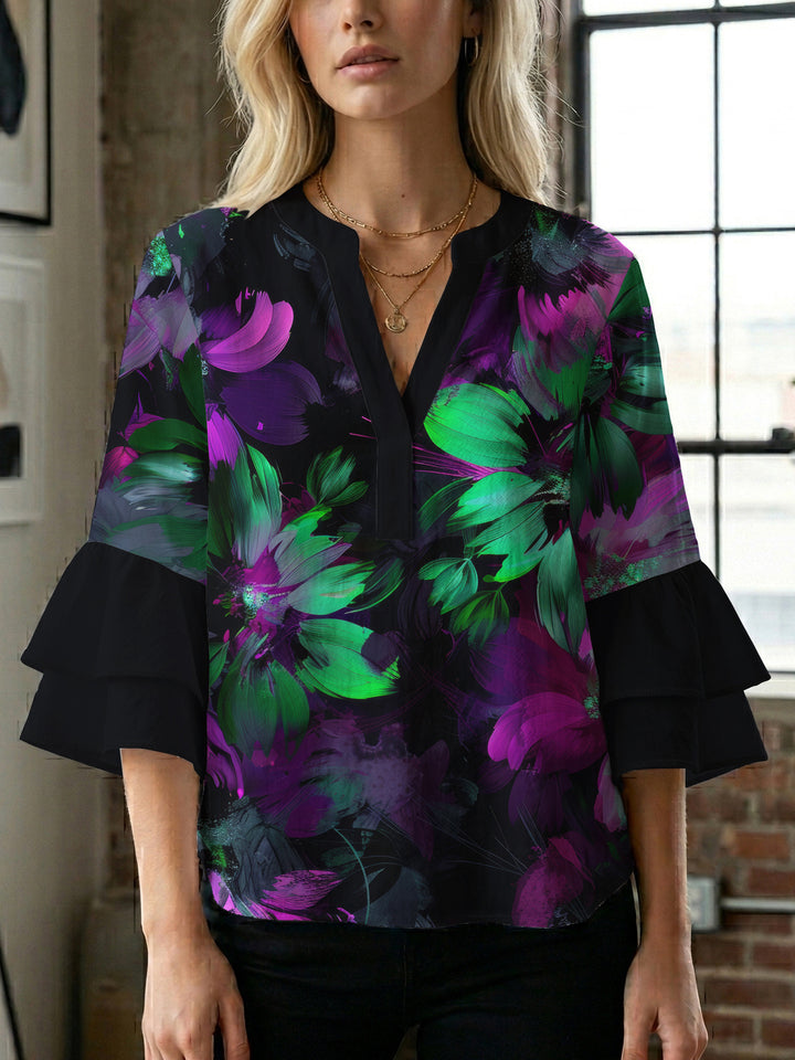 Damen Bluse mit voluminösen Rüschenärmeln und floralem Muster Echo Archiv