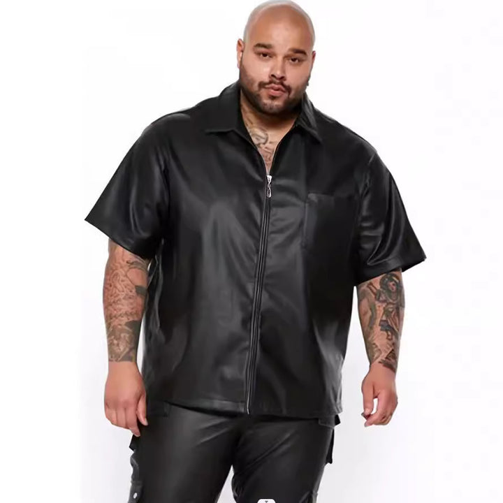 Herren lässige Kunstlederhemdjacke mit kurzem Arm und praktischen Reißverschlusstaschen Echoarchiv