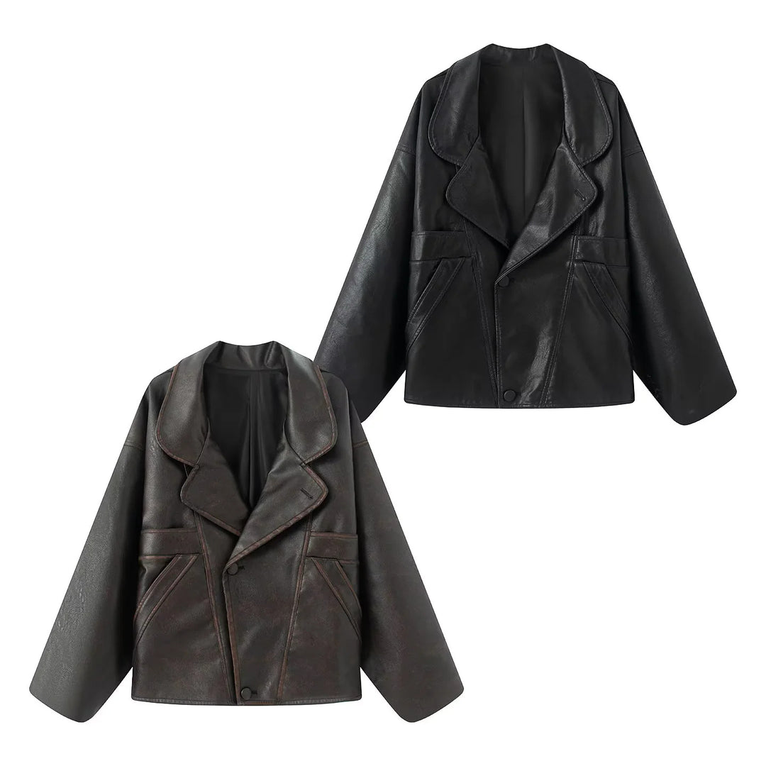 Damen nan kastiger Lederimitat-Blouson mit überlappendem Schalkragen und diagonal eingesetzten Taschen Echo Archiv