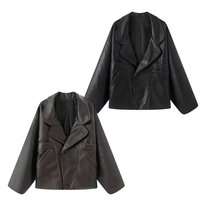 Damen nan kastiger Lederimitat-Blouson mit überlappendem Schalkragen und diagonal eingesetzten Taschen Echo Archiv