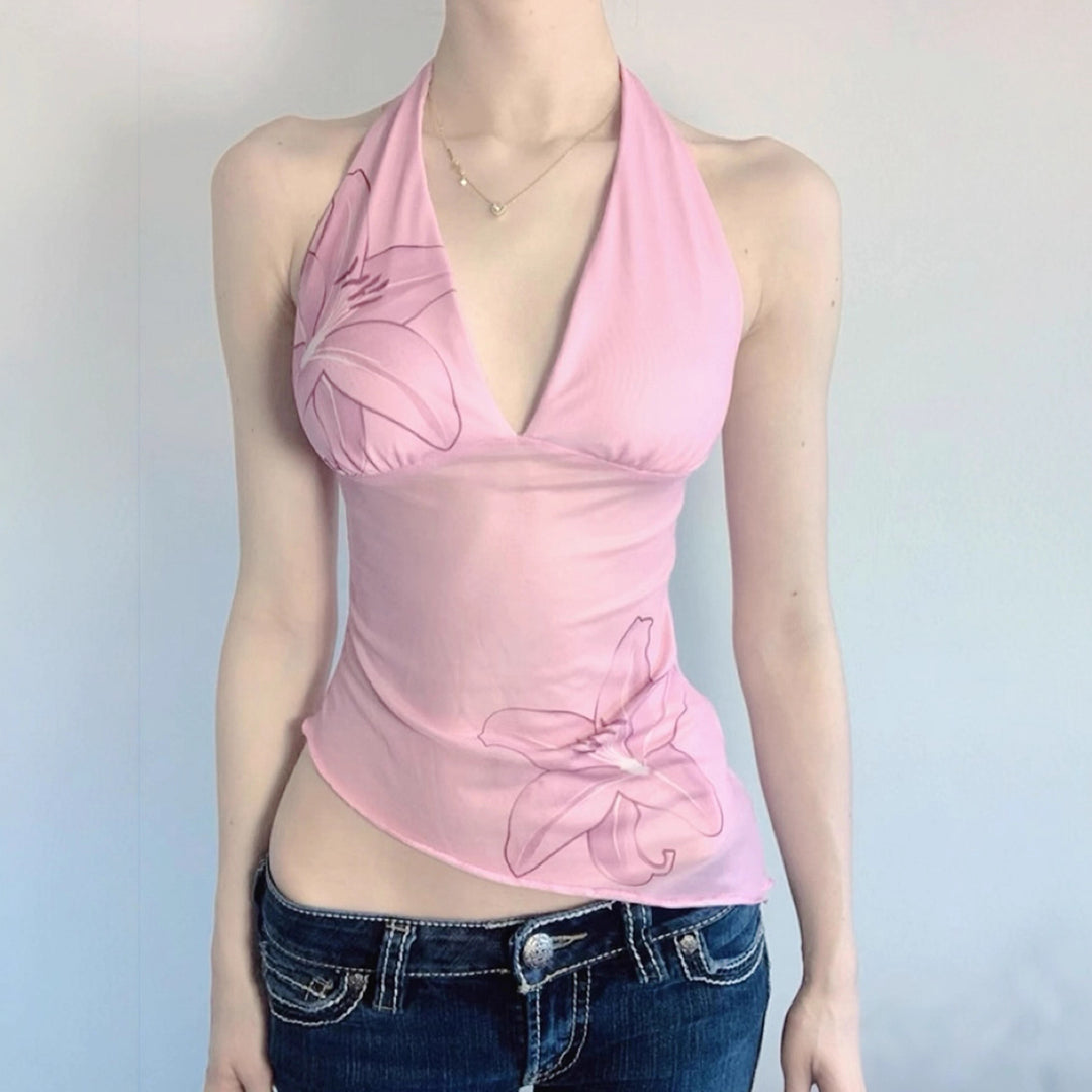 Damen Neckholder Oberteil mit floralem Design und asymmetrischem Schnitt Echo Archiv