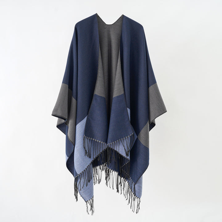 Damen Oversize-Ruana aus Wollmix mit Farbblock‑Design und Fransen Echo Archiv
