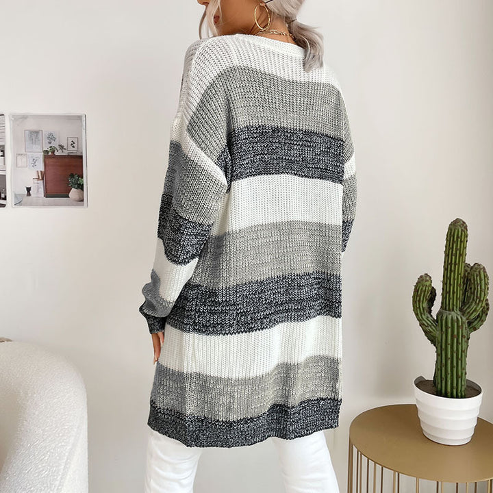 Damen Longline Strickcardigan mit breiten Blockstreifen, offener Front und überschnittener Schulter Echoarchiv