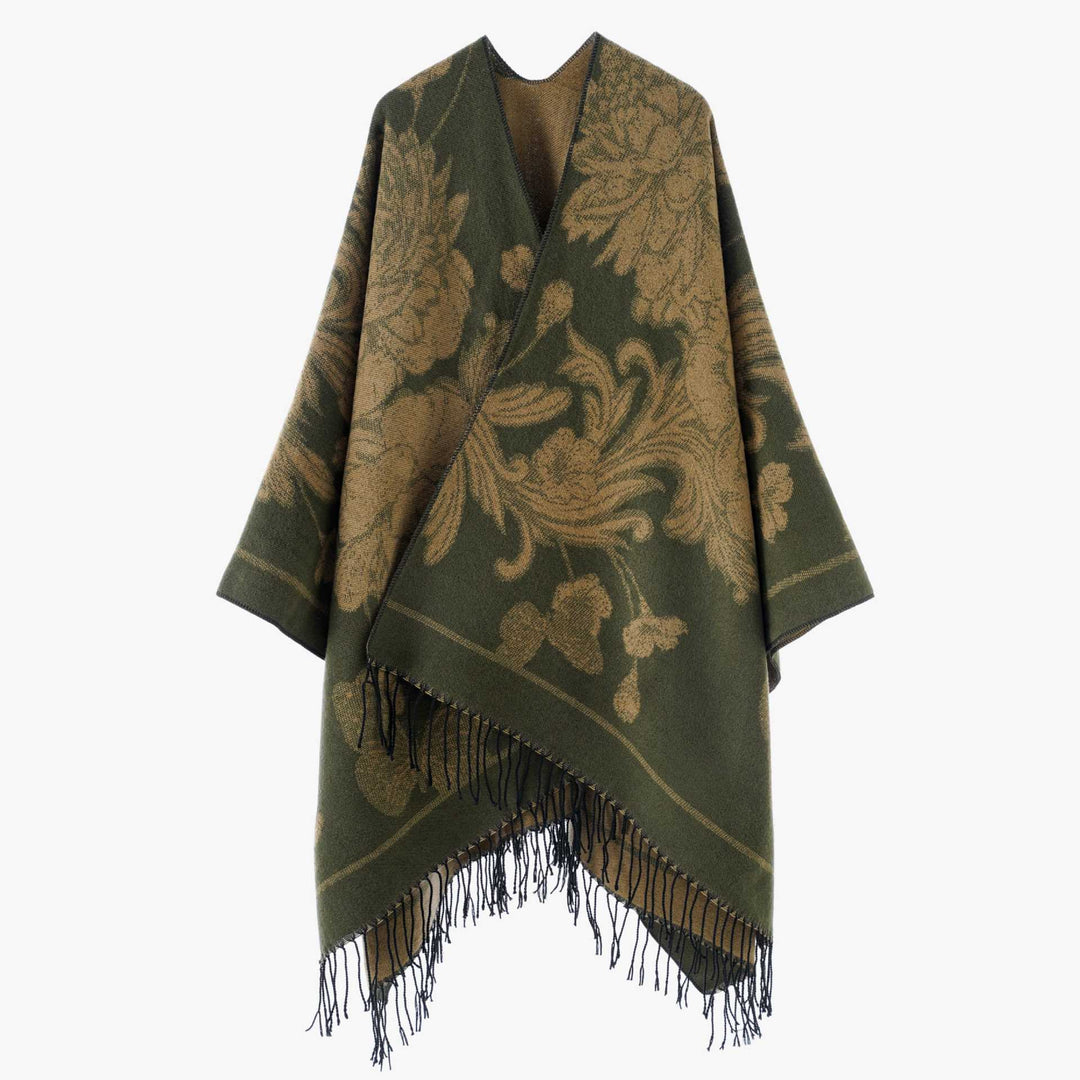 Damen Wendbarer Strickcape-Poncho mit Fransen und kontrastierenden Streifen – Avérine