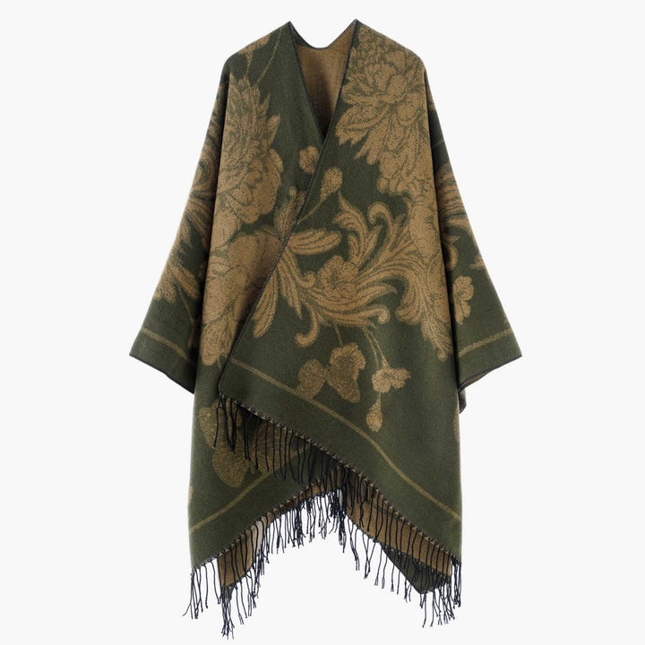 Damen Wendbarer Strickcape-Poncho mit Fransen und kontrastierenden Streifen – Avérine
