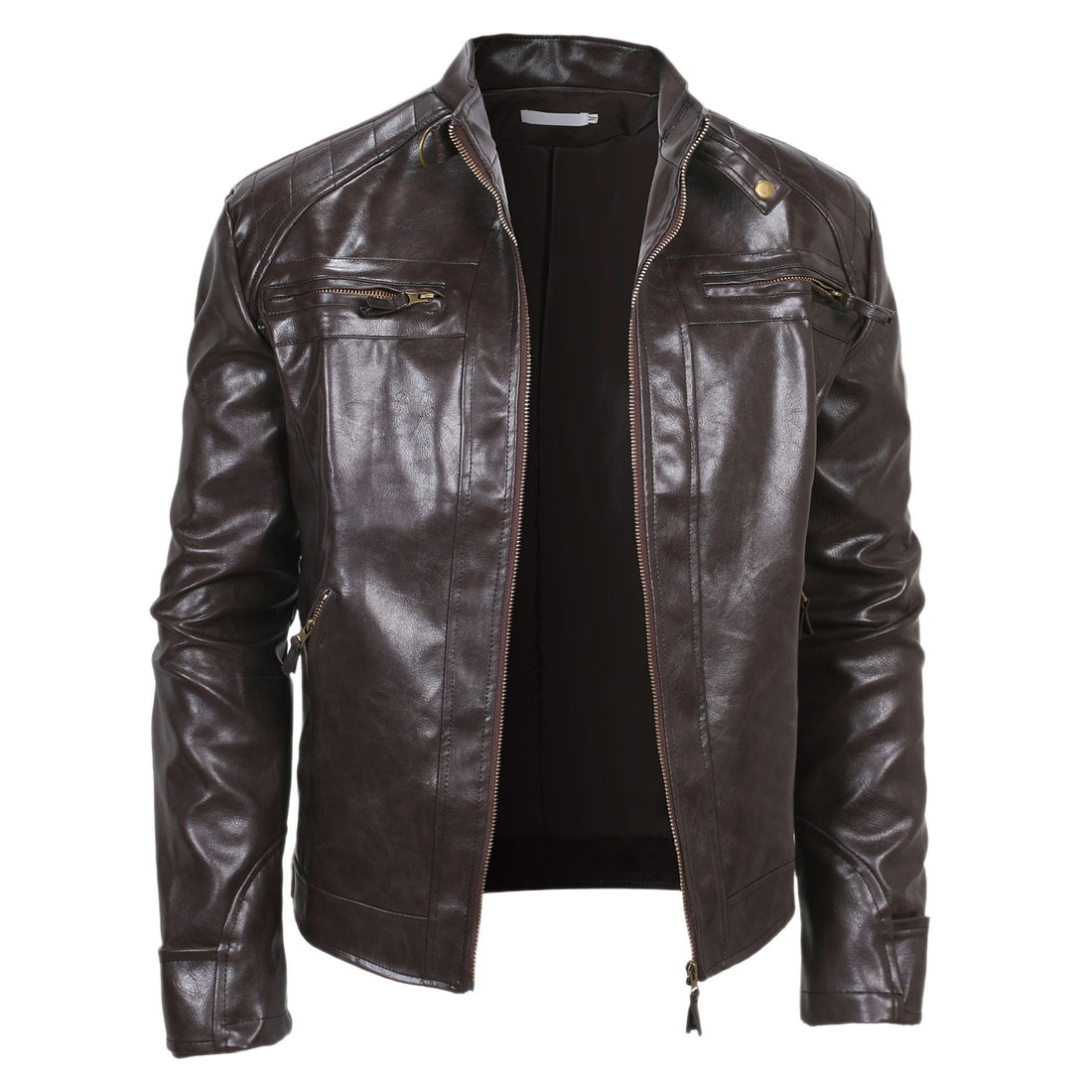Herren Biker-inspirierte Kunstlederjacke mit Stehkragen, gesteppter Schulterpartie und Reißverschlusstaschen Echo Archiv
