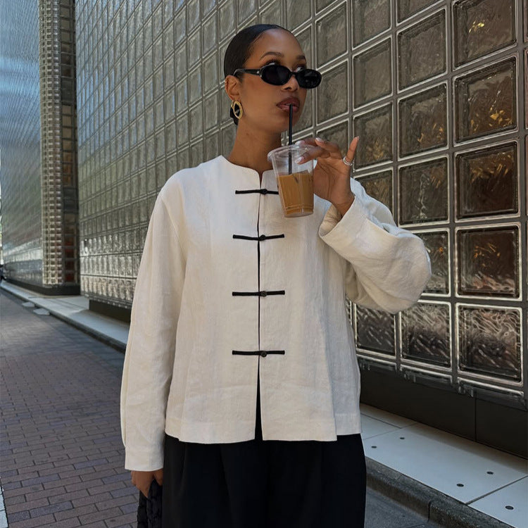 Damen Boxy Leinenbluse mit Knebelverschlüssen und asymmetrischem Saum Echoarchiv