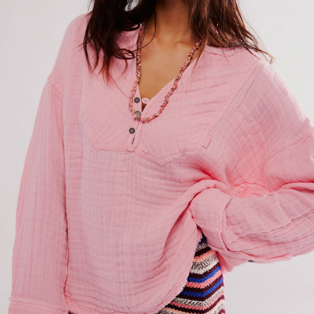 Damen Leichte Baumwoll-Gauze Bluse mit Henley-Ausschnitt – Avérine
