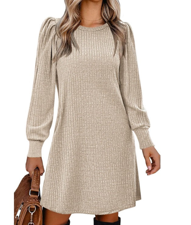 Damen gestricktes A-Linien Strickkleid mit Puffärmeln – Élara