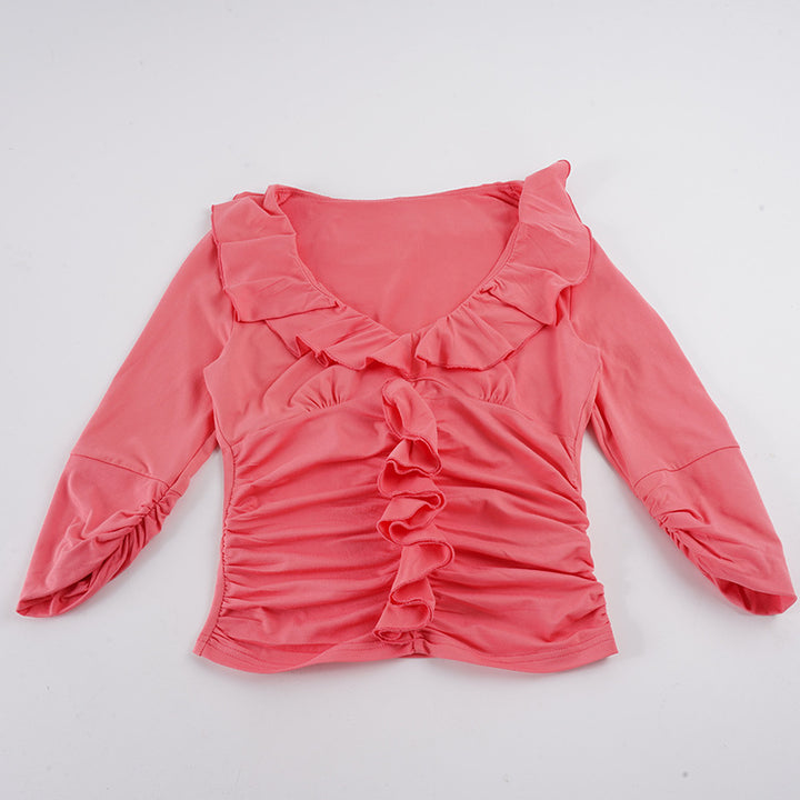 Damen Langarm-Rüschentop mit geraffter Taille und Volantdetail Echo Archiv