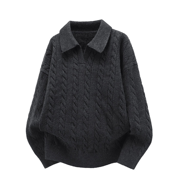 Damen Oversize Kabelstrick-Polo-Pullover mit V‑Ausschnitt und geripptem Saum Echoarchiv