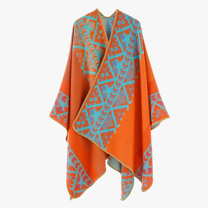 Damen Gewebter Oversize-Ruana mit Ethno-Jacquard und Zierkettelung – Avérine