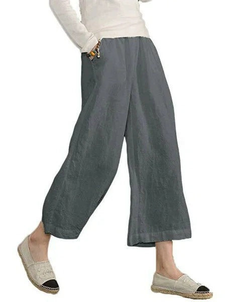 Damen weite Leinenhose mit seitlichen Taschen und elastischem Bund Echoarchiv
