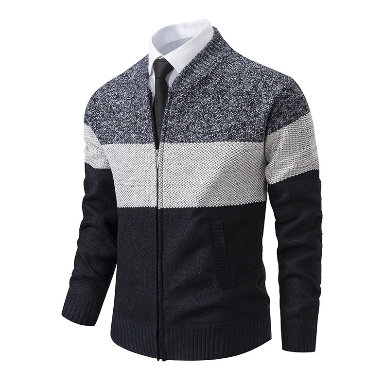 Herren Strukturierte Blockstreifen‑Strickjacke mit Frontzip, Stehkragen und Eingrifftaschen Echo Archiv