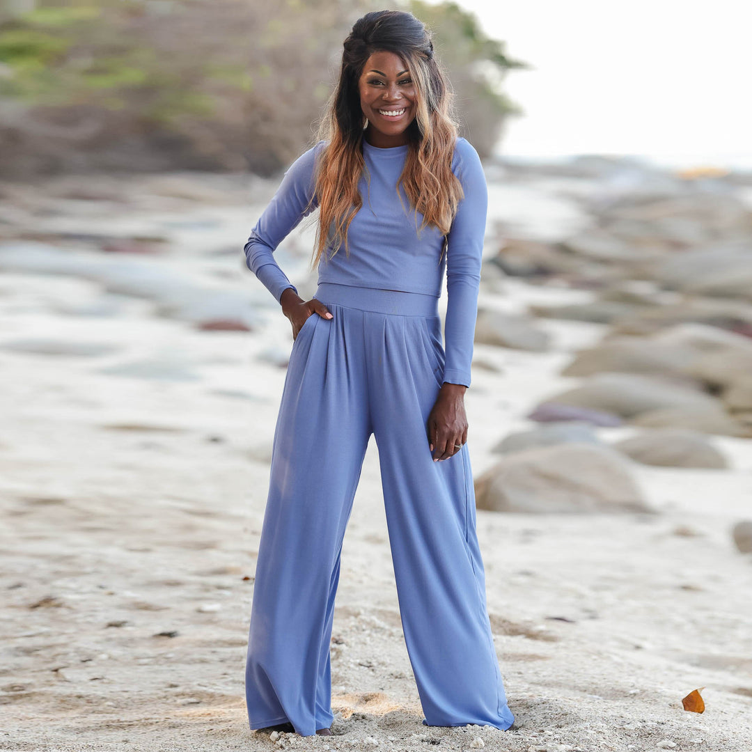 Damen Langarm Cropped Pullover und Hochbund Weite Hose Lounge Set Echoarchiv