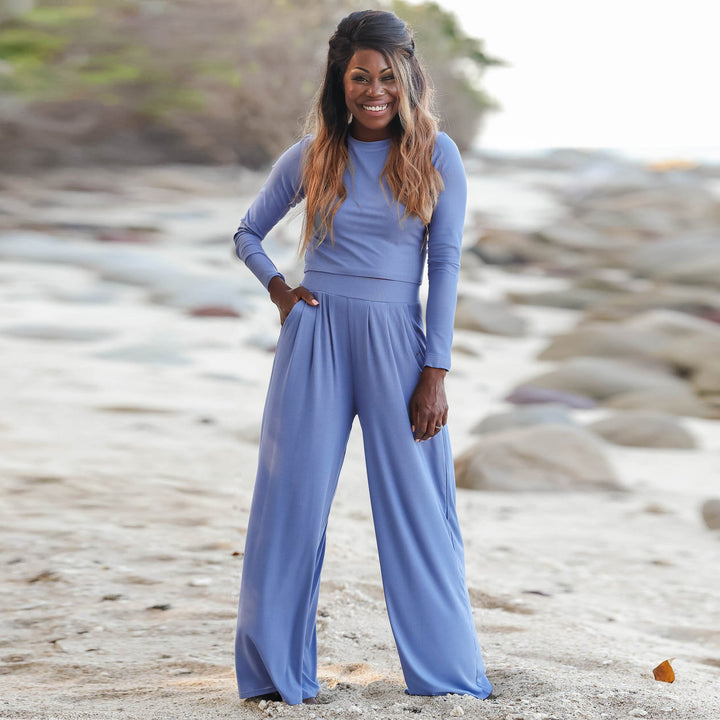 Damen Langarm Cropped Pullover und Hochbund Weite Hose Lounge Set Echoarchiv