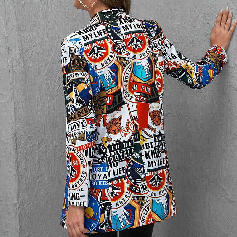Damen Bedruckter Longblazer mit grafischem Street‑Art‑Muster und tailliertem Schnitt Echo Archiv