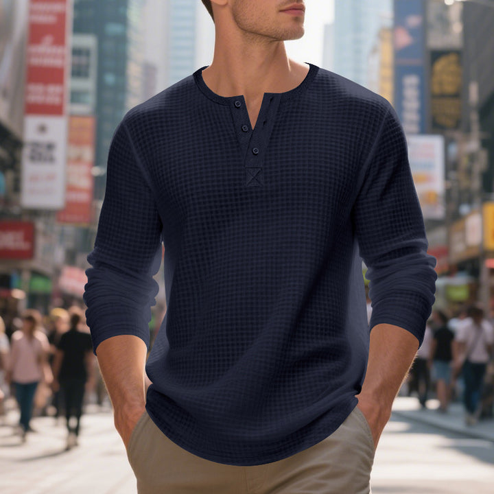 Herren nan thermoregulierendes Waffel-Thermalshirt mit Kurzknopfleiste und gerundetem Saum Echo Archiv