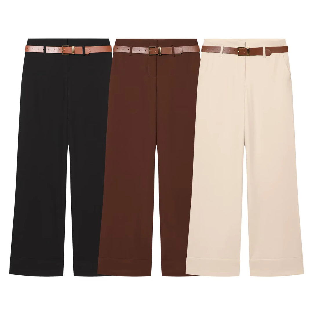 Damen Culotte-Hose mit hohem Bund, weitem Bein, breitem Aufschlag und Gürtelpassanten – Avélisse
