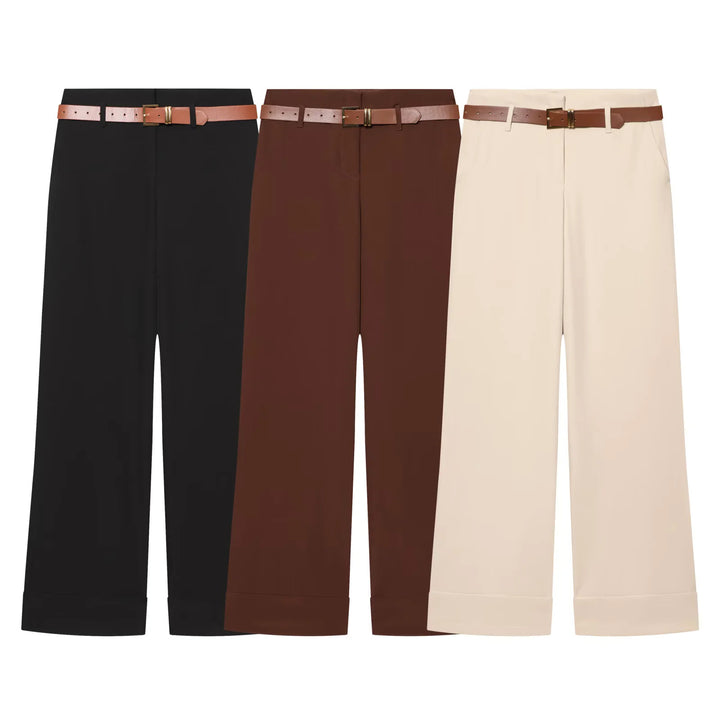 Damen Culotte-Hose mit hohem Bund, weitem Bein, breitem Aufschlag und Gürtelpassanten – Avélisse