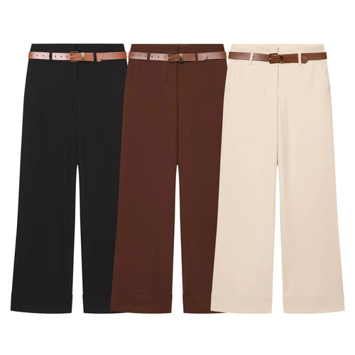 Damen Culotte-Hose mit hohem Bund, weitem Bein, breitem Aufschlag und Gürtelpassanten – Avélisse