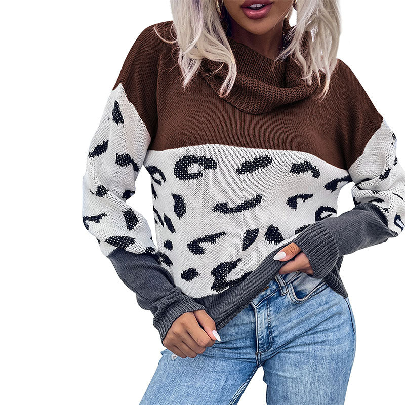 Damen Strickpullover mit weitem Rollkragen, Colorblock und Leopardenmuster Echoarchiv
