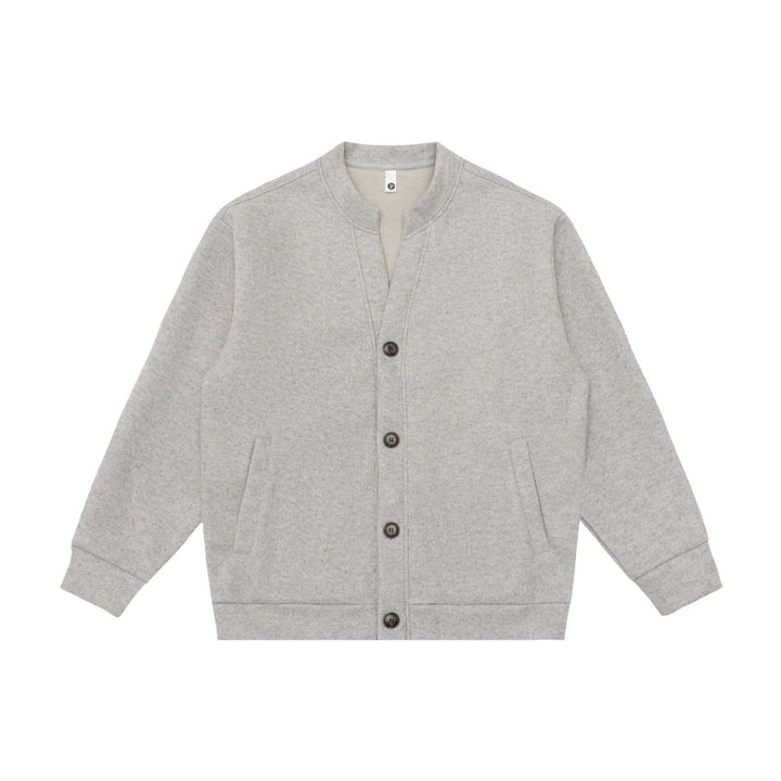 Unisex Kurzgeschnittene Strickjacke im Boxy‑Bomberstil mit Stehkragen und Knopfleiste Echoarchiv