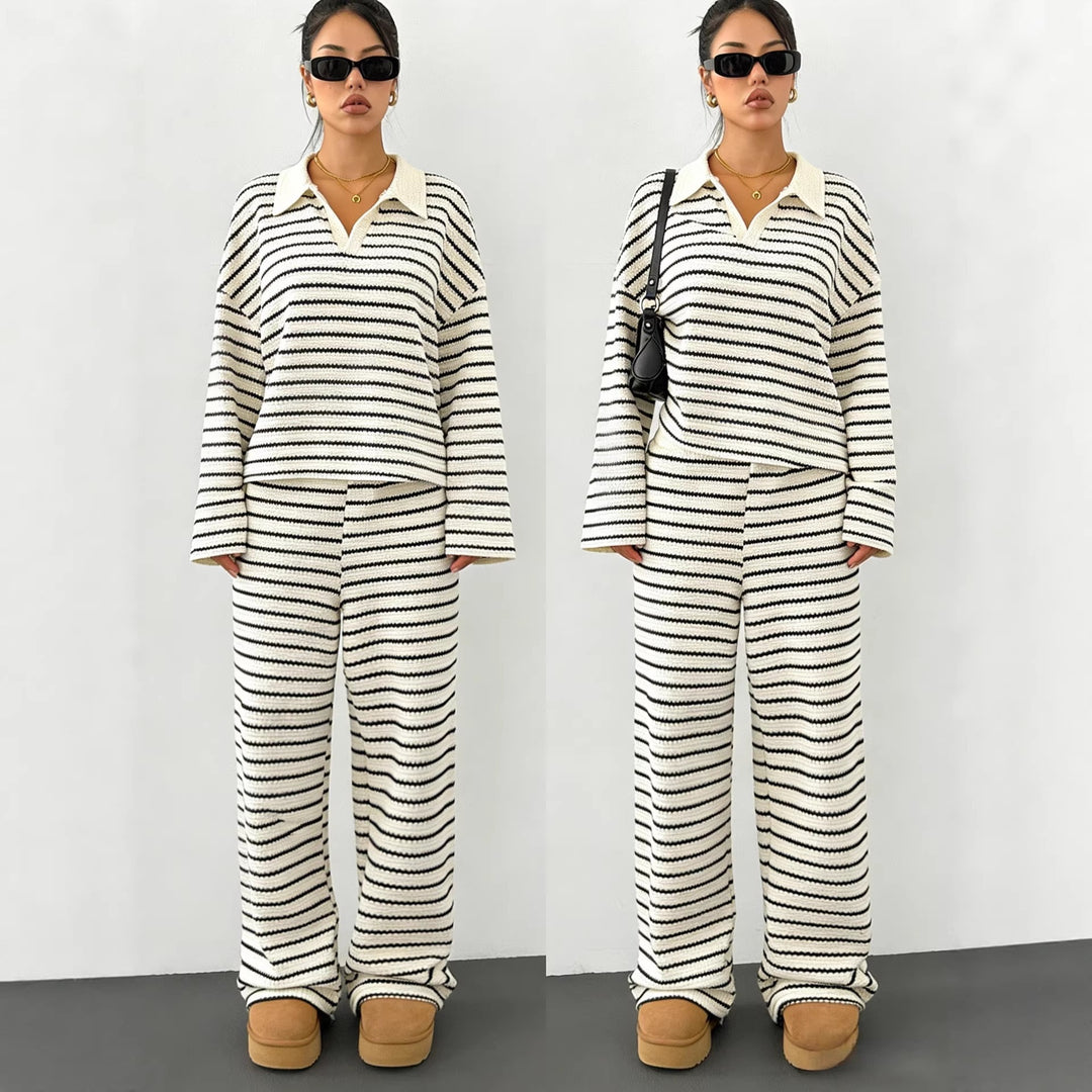 Damen Gestreifter Strickpullover mit Polokragen und Oversize-Ärmeln Echoarchiv